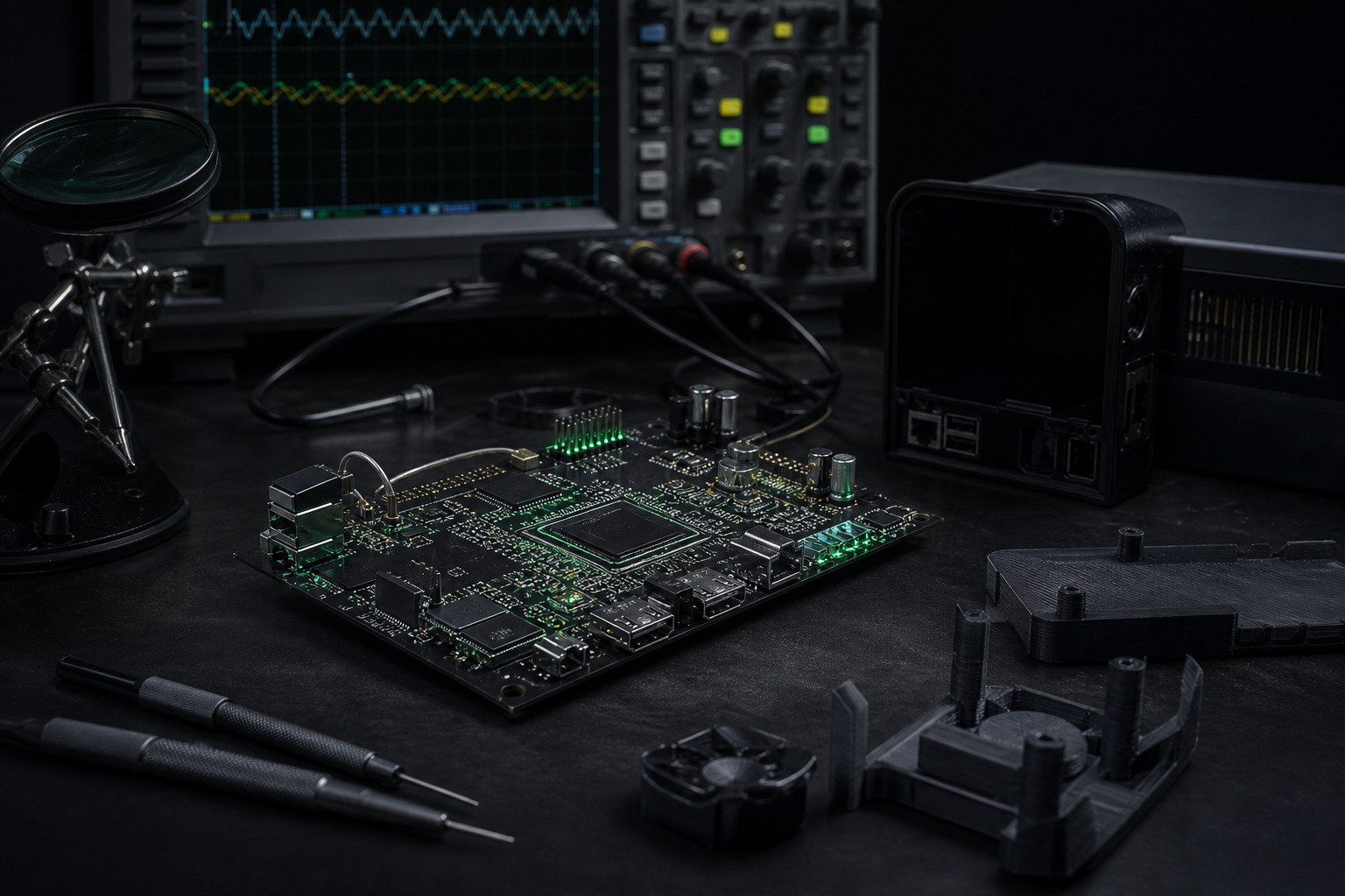 Stanowisko laboratoryjne z płytką PCB, oscyloskopem i elementami obudowy prototypu