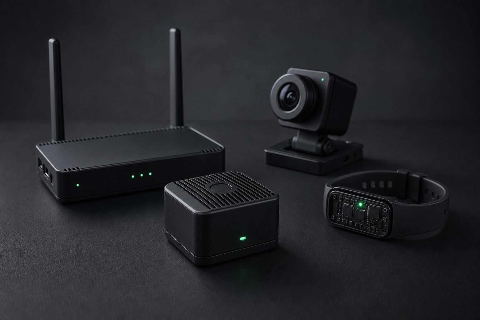 Zestaw prototypowych urządzeń: gateway, sensor, wearable i moduł Edge AI